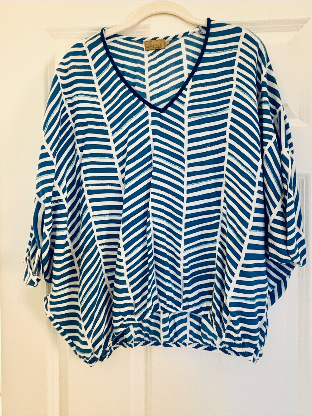 Skemo Striped V-Neck Tunic in Teal and White